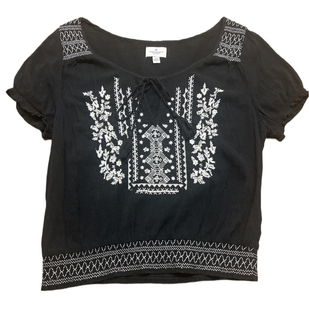 American Eagle Women’s Embroidered Black & White Blouse With Tassels 
Size:Small